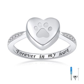 925 Sterling Silver Love Heart Urn Ring for pet Dog Cat's Ashes Keepsake Memorial Tiny Jewelry Forever in My Heart Paw Print Cremation Finger Rings(Silver 10)