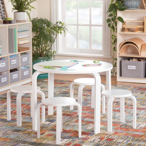 Guidecraft Nordic Table and Chairs Set for Kids: White - Stacking Bentwood Stools with Curved Wood Toddler Activity Table - Children's Modern Bedroom, Playroom, and Living Room Furniture