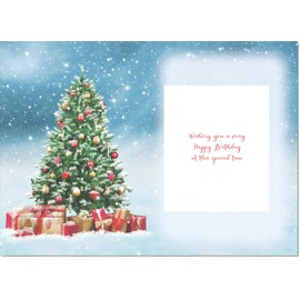 doodlecards December Birthday Christmas Card Christmas Tree and Parcels Medium Size Christmas Card for December Birthday with Plain Envelope