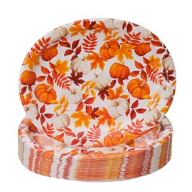 DOPO 50pcs Thanksgiving Plates Disposable - 12’’ Happy Thanksgiving Paper Pumpkin Plates Oval Dinner Autumn Fall Harvest Party Supply for Thanksgiving Party - Maple Leaves