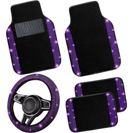 NBTEPEM - Juego completo de alfombrillas para coche y funda para volante, ajuste universal para la mayoría de los coches, 4 alfombras de diamantes brillantes brillantes, juego de 5 accesorios para