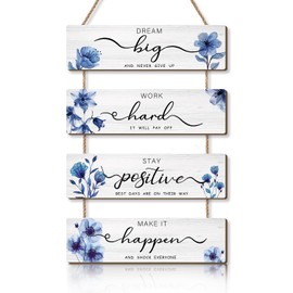 HPNIUB Blue Flower Wall Decor For Bedroom, Dream Big Wooden Inspirational Quote Wall Art Decorations for Living Room Bathroom, Rustic Family Positive Wooden Farmhouse Home Decor