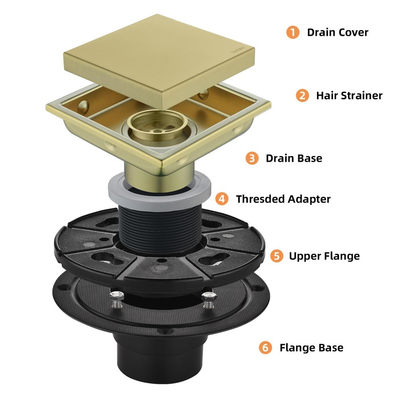 4-Inch Square Shower Drain, Brushed Gold Floor Drain with Flange,