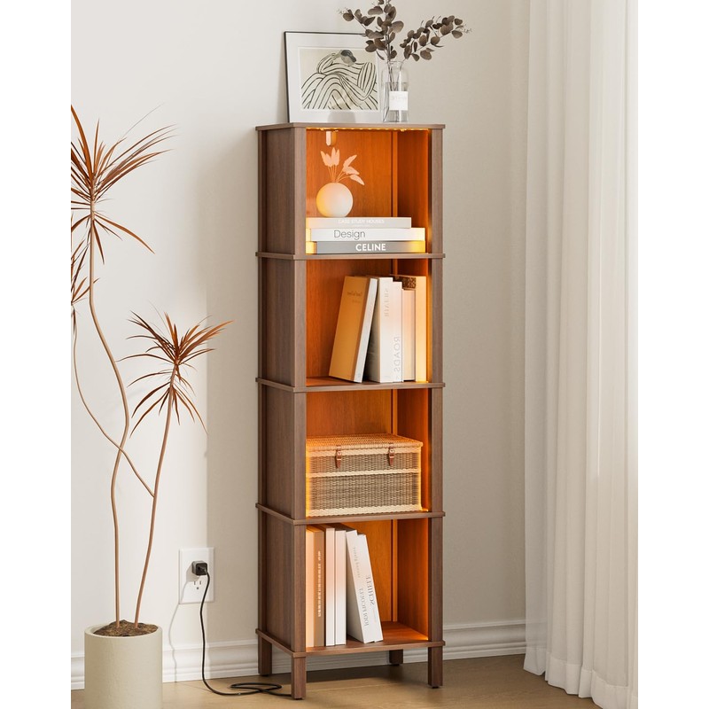 Apetaccat Book Shelf with LED Lights, Modern 4-Tier Bookcase, Open