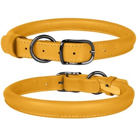 BUDKAS Rolled Leather Dog Collar for Small Medium Large Dogs Puppy Durable Adjustable Soft Round Rope Pet Collars (17"-21" Neck Fit, Yellow)