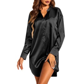 Ekouaer Nightshirt for Women Button Down Sleep Dress Satin Long Sleeve Lightweight Soft Lightweight Nightgown Black L
