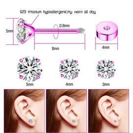 3Pairs Women Earrings Flat Back, White CZ Stud Flat Screw Back Earrings, Pink Titanium Flatback Cubic Zirconia Cartilage Earring Stud, Multiple Piercing Earrings for Multiple Pierced Ears
