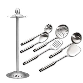 Kitchen Utensil Set – 6 Piece Stainless Steel Cooking Utensils with Rotating Holder Organizer Includes Slotted Spoon, Slotted Spatula, Large Spoon, Soup Ladle, Spatula, Pasta Server Silver/7PCS