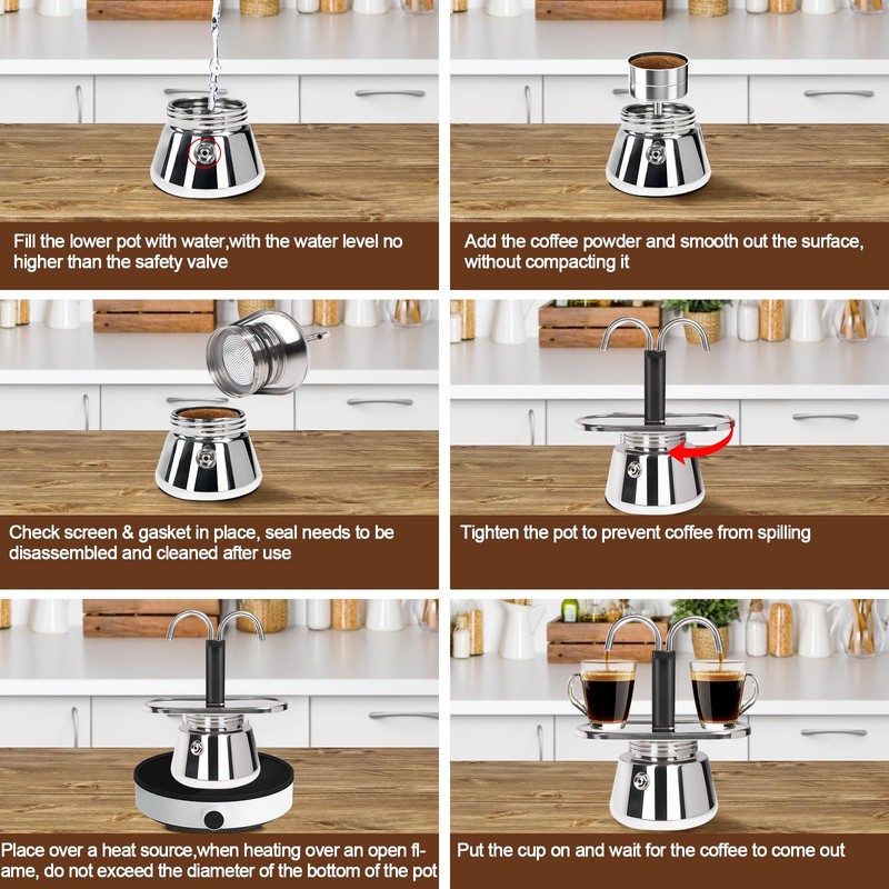 DITOSH 2 Cup Dual Pipe Moka Pot Stainless Steel Stovetop
