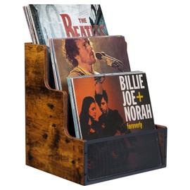 Yuzehuaza Vinyl Record Storage Holder, Stepped 3 Tier LP Vinyl Record Crate with Metal Grid, Wooden Album Storage Desktop Organizer Box for Vinyl, Rustic Brown & Black
