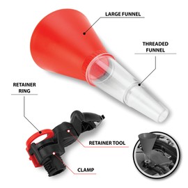 Performance Tool W4069 Hands-Free Funnel with Clamp - Prevents Spills, Transparent Lower Chamber, Fits Most Vehicles, 257mm x 127mm Dimensions