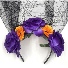 June Bloomy - Diadema para mujer, diseño de corona de flores mexicanas, Dia de los muertos, Velo Naranja Morado, Mujer