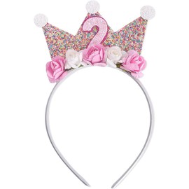 Shirene Pink Birthday Crown, Princess Tiara Headband for Girls, Festive Birthday Headpiece with Glitter & Flowers