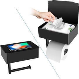 BOSOEI Toilet Paper Holder with Storage, Shelf of Bathroom Toilet Tissue Holder, Toilet Paper Roll Holder, Black Stainless Steel Wall Mount, No Installation & Flushable Wet Wipes Storage