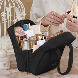 Doffistate Makeup Bag for Women, Large Waterproof Vegan Leather Cosmetic Case with Multiple Pockets & Carry Handle (Black)