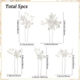 CABODYALS 5Pcs Acyrlic Flower Hair Pins Silver Beaded Clips Headpiece Set Glitter Floral Leaf Pearl Rhinestone Decorative Barrette u Shape Bobby Forks for Women Wedding Bridal Prom Party Decorations