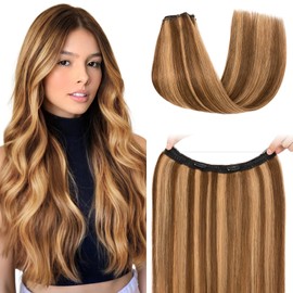 S-Noilite Invisible Wire in Human Hair Extensions 100% Real Remy Human Hair with Clips Adjustable Hidden Wire in Hair Extension for Women 18 inch Medium Brown Highlighted Honey Blonde