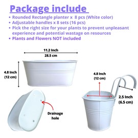 LaLaGreen Rail Planters for Outdoor (8 Pack, 11.2 Inch) White Metal Iron Hanging Flower Pots, Strawberry Planter Deck Railing Fence Bucket Modern Stylish Wall Mount Window Box Plant Holder Porch Decor