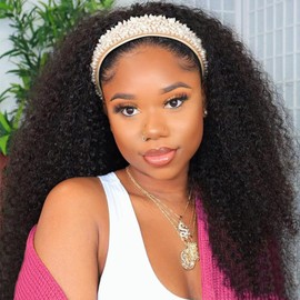 Coshgirl Headband Wig Human Hair Kinky Curly Human Hair Curly Headband Wig 150% Density Wear and Go Glueless None Lace Front Wig Machine Made Wigs for Black Women Natural Color 26Inch