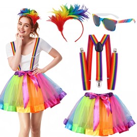 Rainbow Tulle Skirt, Rainbow Skirt Tulle, Carnival Costume Women, Women's Tulle Skirt, Colourful Headband, Straps, Rainbow Knee Stockings, Fingerless Gloves, Retro Glasses for Carnival, Fancy Dress,