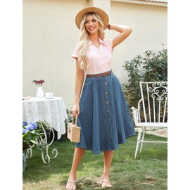 Belle Poque Womens Denim Midi Skirt High Waisted A-Line Solid Button Up Office Denim Pleated Skirts M
