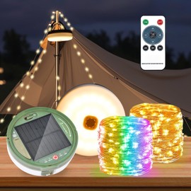 10 m Solar Camping Fairy Lights, Warm White + RGB Outdoor Camping Lamp, Outdoor Fairy Lights with 13 Lighting Modes, Solar and USB Charging, 130 LEDs Portable Camping Lamp for Camping, Garden and