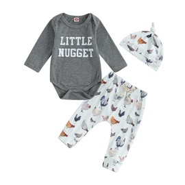 Twopumpkin Infant Baby Boy Farm Letter Romper and Long Pants Newborn Coming Home Outfit Cute Clothes Sets with Hat (Little Nugget Chicken Long Sleeve, 3-6 Months)
