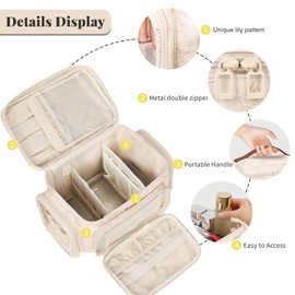 Large Makeup Bag, Portable Travel Makeup Bag Organizer for Women Girls with Makeup Brush Compartment & Two Side Pockets, Cosmetic Travel Bag Vertical Storage Toiletry - Beige