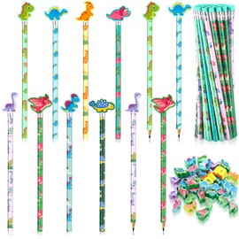 Tenceur 48 Pcs Dinosaur Pencils and 48 Pcs Cute Erasers Fun HB Graphite Wood Animal Pencils with Toppers for Birthday Reward Gifts Bag Fillers Dinosaur Party Supplies