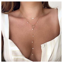 Inilbran Boho Layered Pearl Necklace Chain Open Circle Y Necklace Chain Gold Pearl Pendant Necklaces Vintage Long Y Drop Necklace Jewelry for Women and Girls
