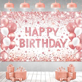 Ulikitty Rose Gold Birthday Banner, 70.8 x 43.3 inches, Pink, Celebration Theme, Indoor/Outdoor Use, Polyester Fabric, Rope Mount, Standard Banner, Ideal for Birthday Parties