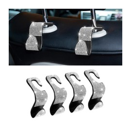 CGEAMDY Pack of 4 Bling Car Headrest Hooks, Car Hook Back Seat with Rhinestone Diamond, Universal Seat Organiser Storage Hooks for Suspension Food (White)