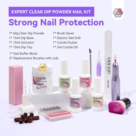 SAVILAND Plus Dip Powder Nail Kit Strong Nail Care: Nail Dip Powder Kit 60 g Clear Dip Powder with Nail Drill Dip Base & Top Activator Enrich Castor Oil VE VB for French Nail Art Manicure DIY Home