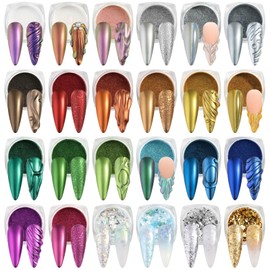 SUTOKAKA 24 Colors Chrome Nail Powder Set Holographic Iridescent Mirror Effect Metallic Nail Powder Unicorn Aurora Pearl Dust Nail Pigment for Gel Nails DIY Nail Decorations