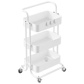 YIPPPPE 3 Tier Rolling Cart, Mobile Office Storage Cart with Handle and Lockable Wheels, Utility Organization with Metal Mesh Shelves for Kitchen Bedroom, White