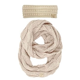Funky Junque Girls Boys Infinity Scarf Matching Hat Beanie Tail Headwrap Bundle, Beige - Ribbed Headwrap & Scarf, One Size