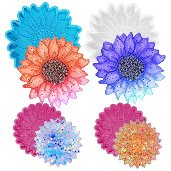 Sunflower Epoxy Resin Casting Mould, AFUNTA 2 PCS Non-slip Coaster Molds and 2 PCS DIY Keychain Resin Molds, for Coasters, Bowl Mat, DIY Craft Projects, Home Decoration