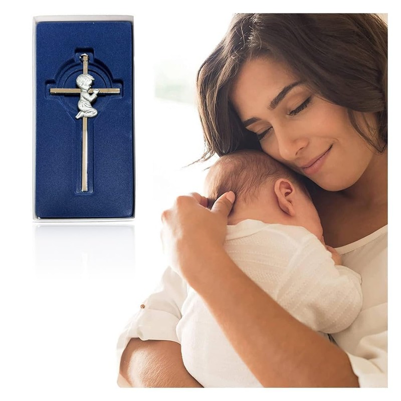 Silver Wall Cross Decor Baptism Gifts Praying,Great for Christening,First Holy