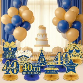 9Pcs Blue 40th Birthday Decorations Navy Blue Gold 40th Honeycomb Centerpieces for Table Decor, Happy 40th Birthday Decorations for Men Women Anniversary Party Favors Supplies Event Cheer to 40 Years