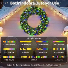 MAISONRINA 60in Large Prelit Christmas Wreath Outdoor with Lights, Artificial Lighted Christmas Wreaths with 300 Colorful LEDs, Metal Hook, Plug-in, 11 Functions for Home Holiday Decor