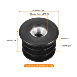 sourcing map 12Pcs Inserts for Round Tubes with M8 Thread, for 25mm/0.98" OD Round Tube, Round Black Plastic Furniture Leg Plug Caster Insert Chair End Caps