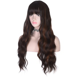 AMZCOS Long Wavy Mix Brown Highlights Wig with Bangs for Women | Heat Resistant Synthetic Hair Wigs for Daily Use(Mix Brown)