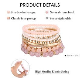 PATISORNA 4 Sets Bohemian Stackable Bead Bracelets for Women Multicolor Stretch Beaded Bracelets Layered Bead Adjustable Bracelet Pink Black Turquoise Stretch Bracelets