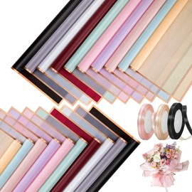 Wikmily 100 hojas de papel de regalo de flores con borde dorado, impermeables, 3 rollos de cinta de satén de doble cara de 22m para embalaje de regalo floral, 58 * 58cm (10 colores)