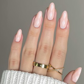 Press on Nails Medium Almond Fake Nails with Rhombus Shape Nude Pink Designs Full Cover Stick on Nails for Women Manicure Decor 24 Pcs (P-1, M-1)