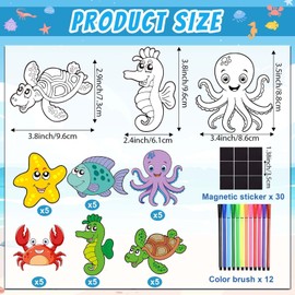 30 Pcs Ocean Animals DIY Crafts Magnets Kit Color Your Own Under The Sea Fish Starfish Turtle Magnet Summer Sea Animals DIY Coloring Magnet Ornaments for Classroom Home Activitie