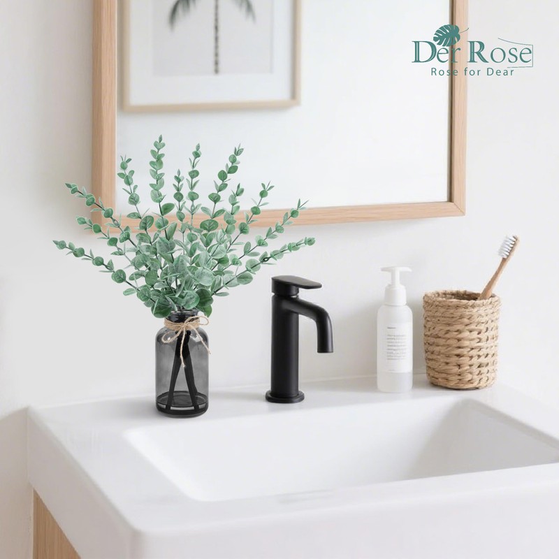 Der Rose 14.5 In Fake Plants Eucalyptus in Black Glassvase