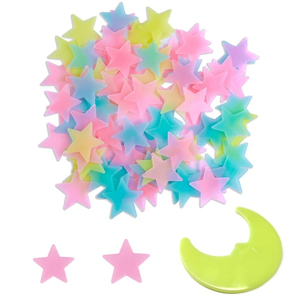 Fluorescent Wall Decals 100 Pcs 3D Star Ceiling Decoration Wall Decals Star Bedroom Sticker Luminous Stars Light Switch Sticker (Colorful)