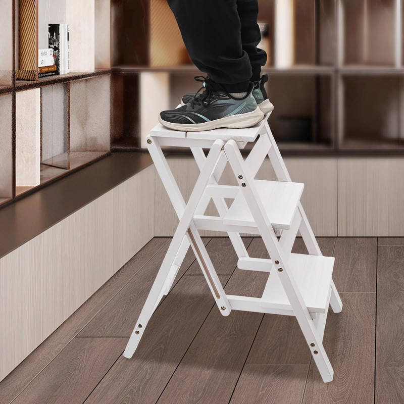 Hteedy Folding Step Ladder, White Folding Step Ladder 3-Layer Folding