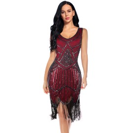 Plus Size 1920s Vintage Fringed Gatsby Sequin Beaded Tassels Hem Flapper Dress for Women (Burgundy, XS)